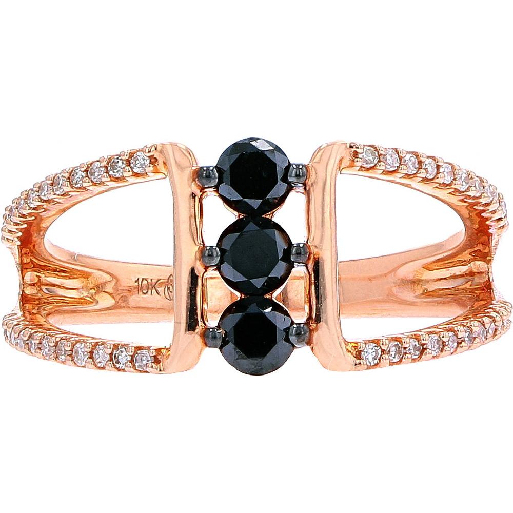 10K Rose Gold Three-Stone Ring with Black Diamonds and White Diamond Accents - 0.50 Carats Total Diamond Weight
