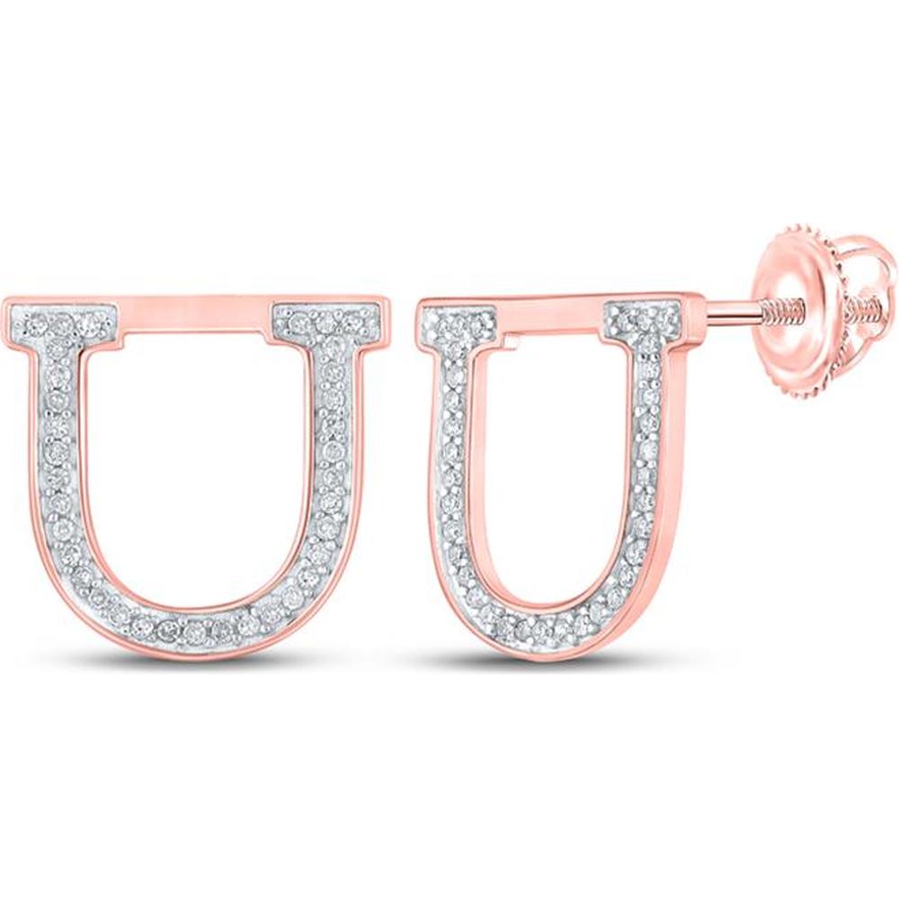 10K Rose Gold U Initial Stud Earrings with Prong-Set Round Diamonds - 1/6 Carat Total Diamond Weight