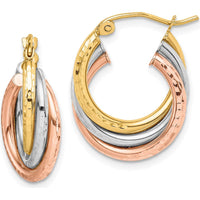10K Tri-Color Diamond-cut Triple Hoop Earrings - 20.55mm Length, 15.77mm Width