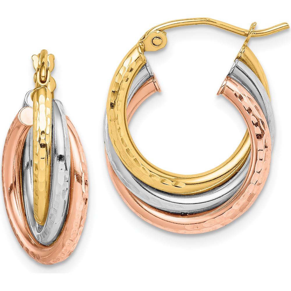 10K Tri-Color Diamond-cut Triple Hoop Earrings - 20.55mm Length, 15.77mm Width