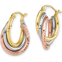 10K Tri-Color Diamond-cut Triple Hoop Earrings - 20.55mm Length, 15.77mm Width