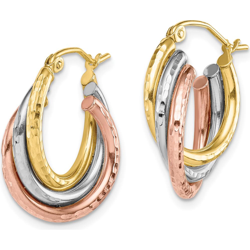 10K Tri-Color Diamond-cut Triple Hoop Earrings - 20.55mm Length, 15.77mm Width