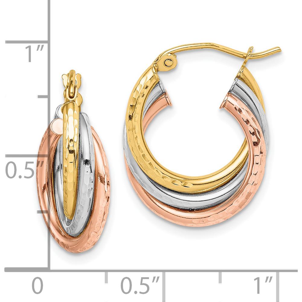 10K Tri-Color Diamond-cut Triple Hoop Earrings - 20.55mm Length, 15.77mm Width