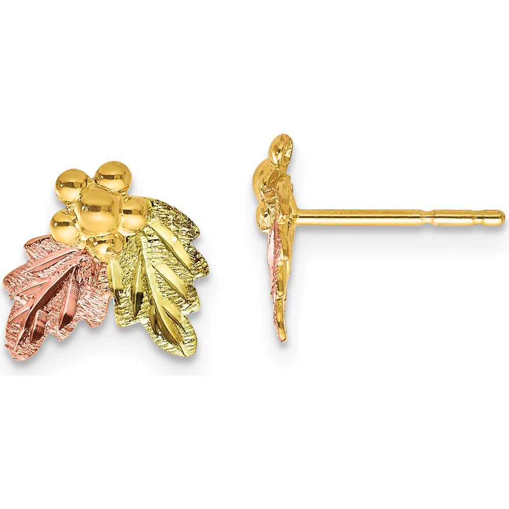 10K Tri-Color Gold Button Earrings with Textured Leaves and Golden Berries