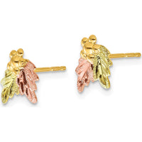 10K Tri-Color Gold Button Earrings with Textured Leaves and Golden Berries