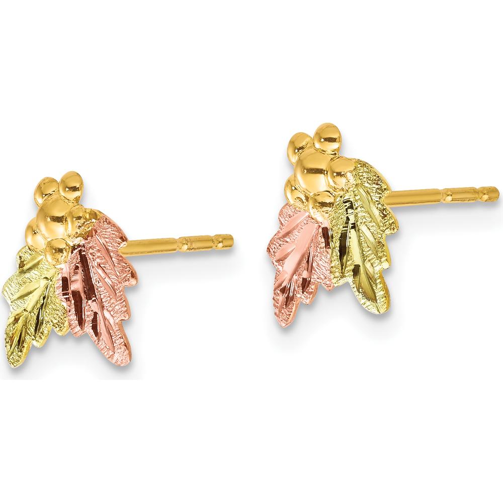 10K Tri-Color Gold Button Earrings with Textured Leaves and Golden Berries
