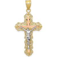 10K Tri-Color Gold Diamond-cut Crucifix Pendant - 43mm Length
