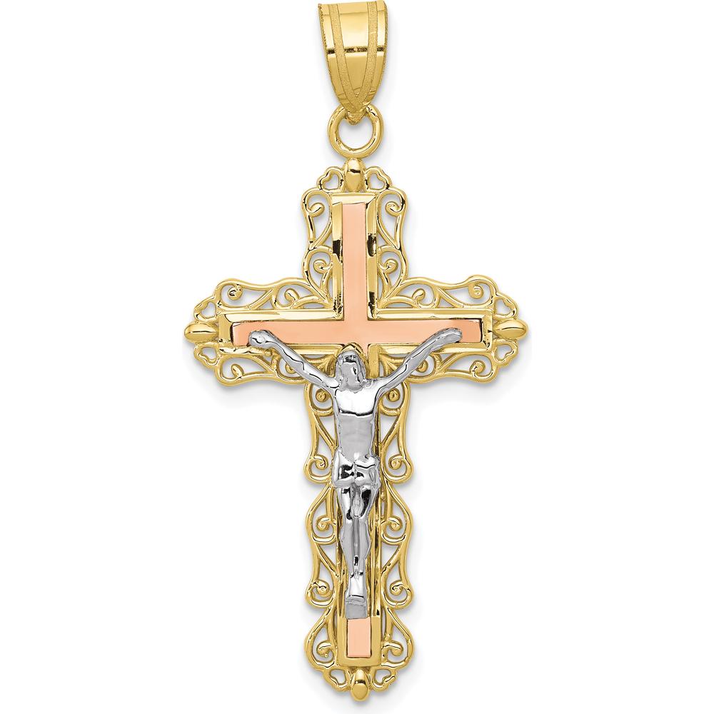 10K Tri-Color Gold Diamond-cut Crucifix Pendant - 43mm Length