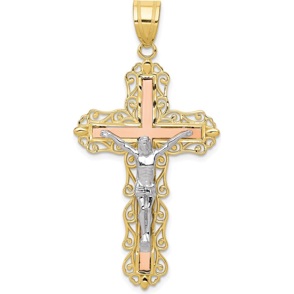 10K Tri-Color Gold Diamond-Cut Crucifix Pendant - 50mm Length