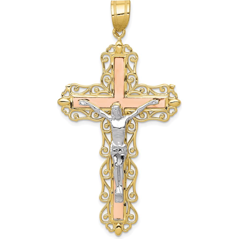 10K Tri-Color Gold Diamond-Cut Crucifix Pendant - Faith-Inspired Polished Gold Design