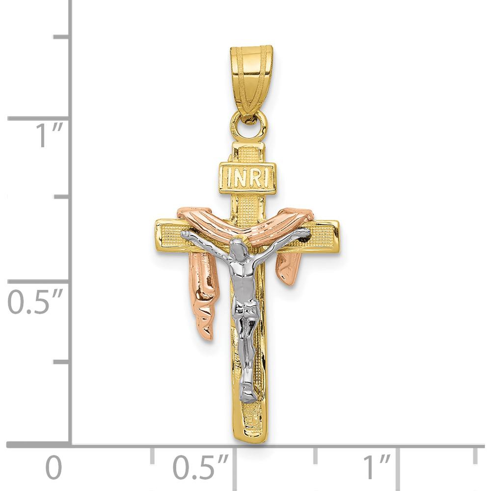 10K Tri-Color Gold Diamond-Cut Small Draped INRI Crucifix Pendant - Polished Finish, 39mm Length