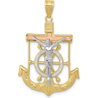 10K Tri-Color Gold Diamond-Cut Textured Mariner's Cross Pendant