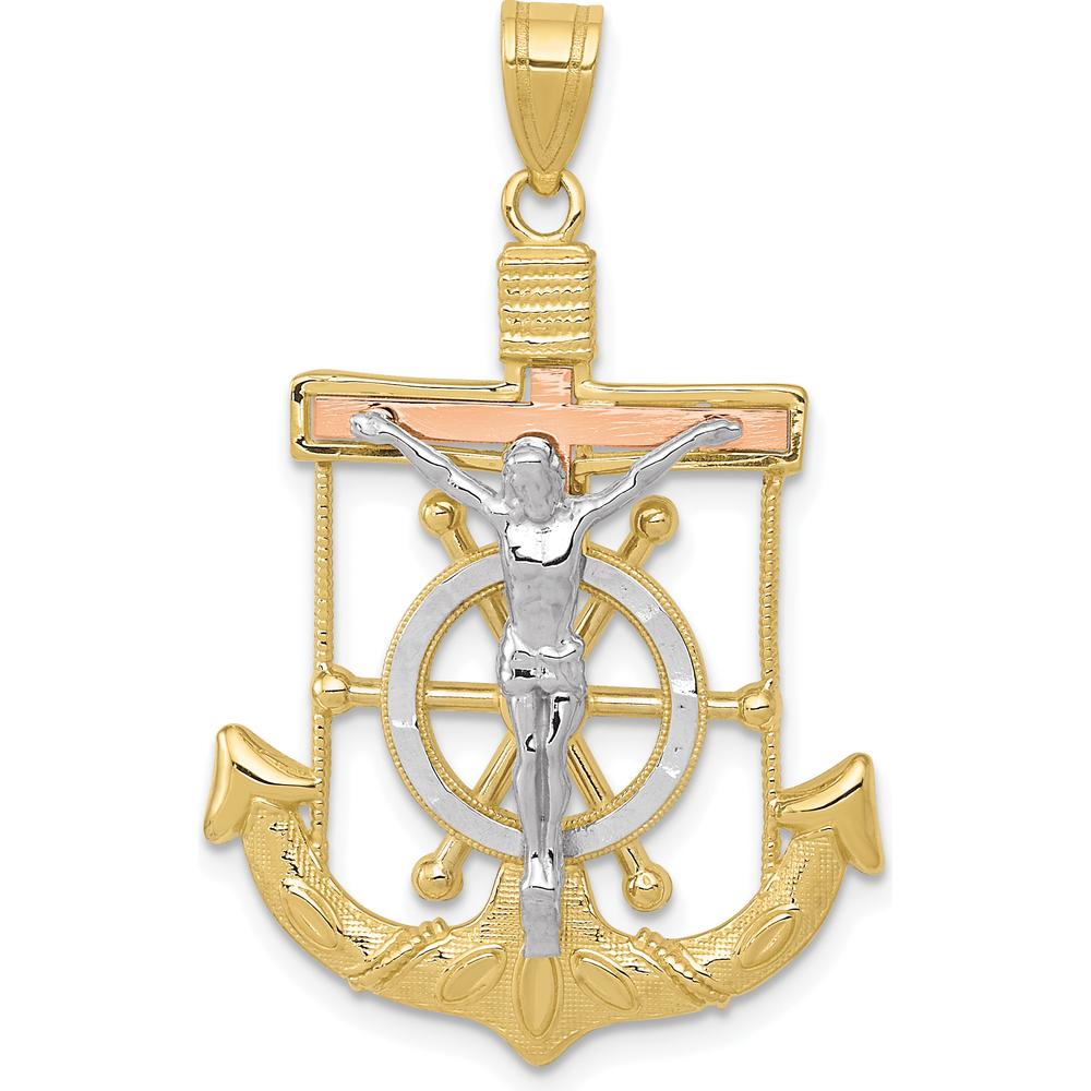 10K Tri-Color Gold Diamond-Cut Textured Mariner's Cross Pendant