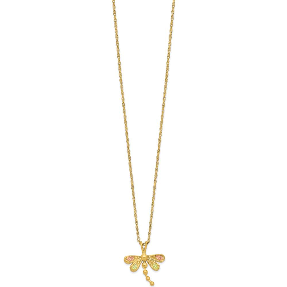 10K Tri-Color Gold Dragonfly Pendant Necklace with Diamond-Cut Detailing