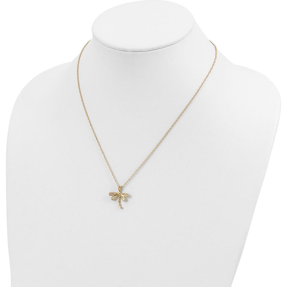 10K Tri-Color Gold Dragonfly Pendant Necklace with Diamond-Cut Detailing