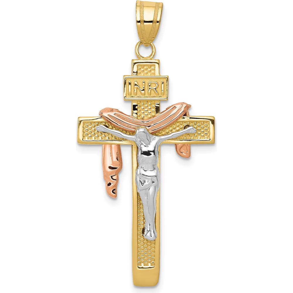 10K Tri-Color Gold Draped INRI Crucifix Pendant - Faithful Symbol of Strength