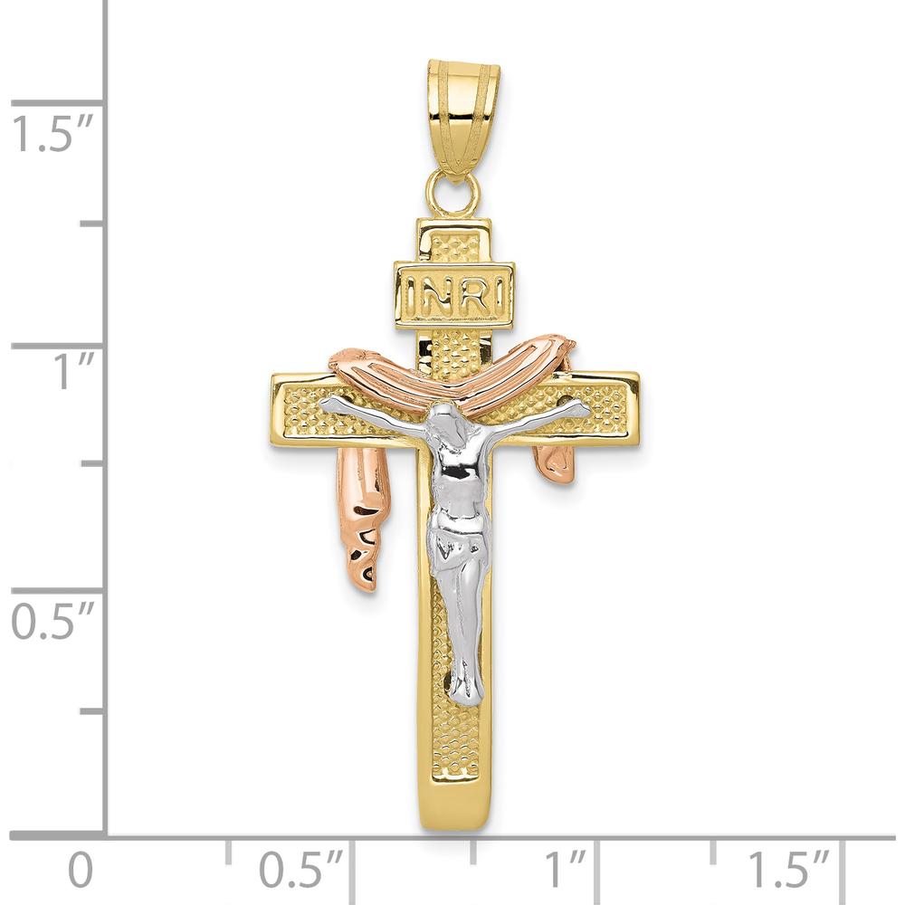 10K Tri-Color Gold Draped INRI Crucifix Pendant - Faithful Symbol of Strength