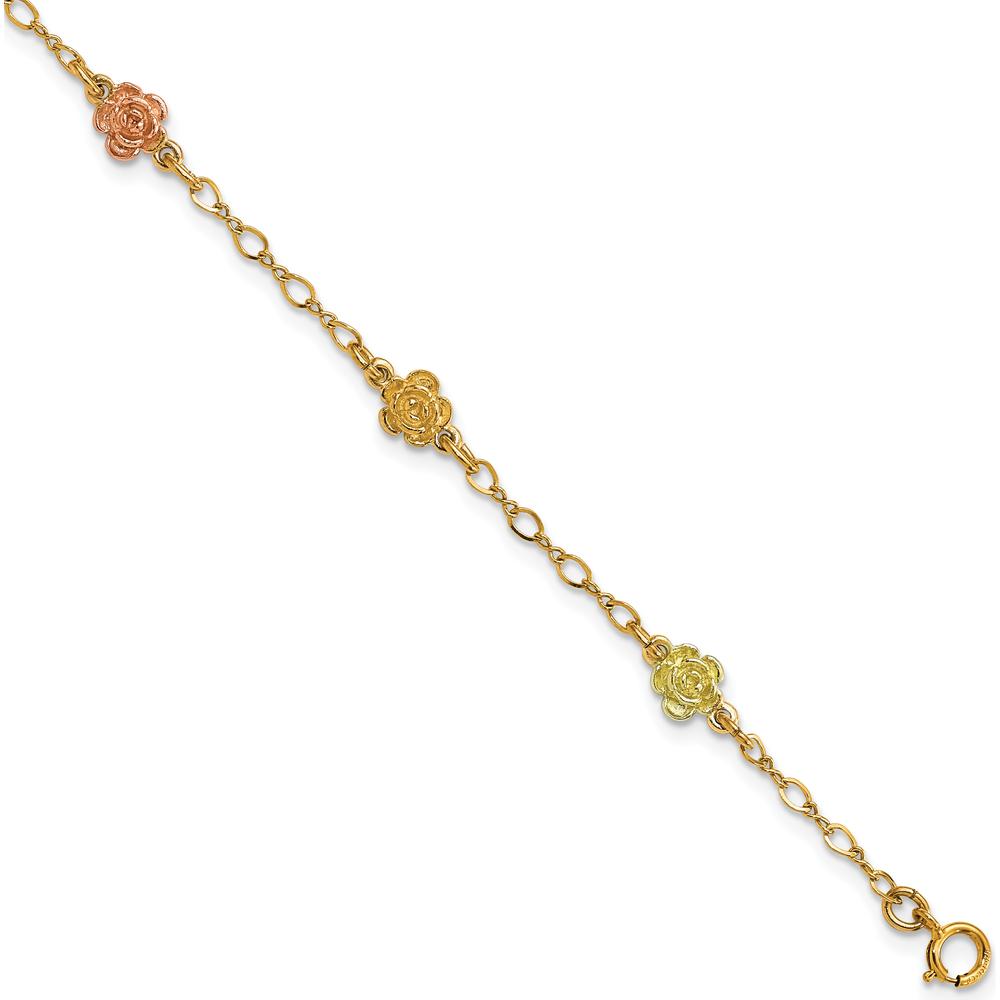 10K Tri-Color Gold Floral Rose Bracelet with 6 Roses - Polished Finish