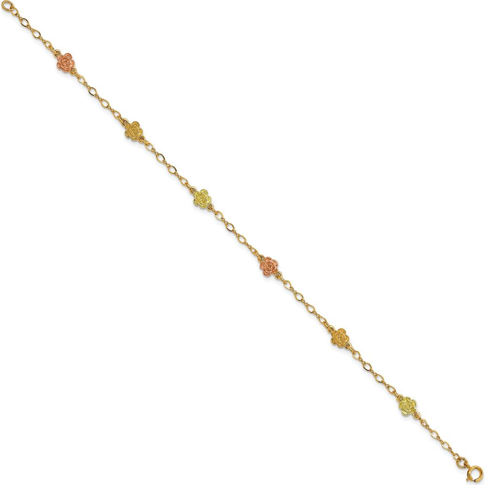 10K Tri-Color Gold Floral Rose Bracelet with 6 Roses - Polished Finish