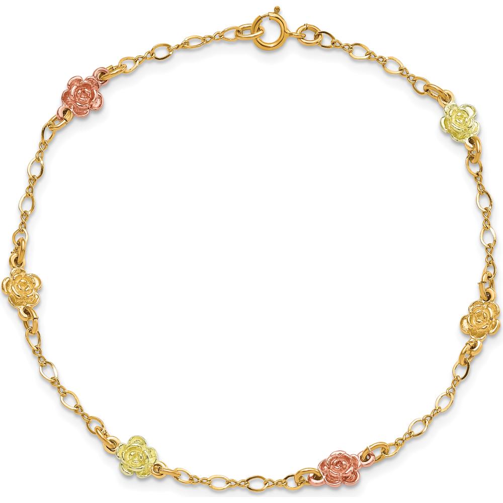 10K Tri-Color Gold Floral Rose Bracelet with 6 Roses - Polished Finish