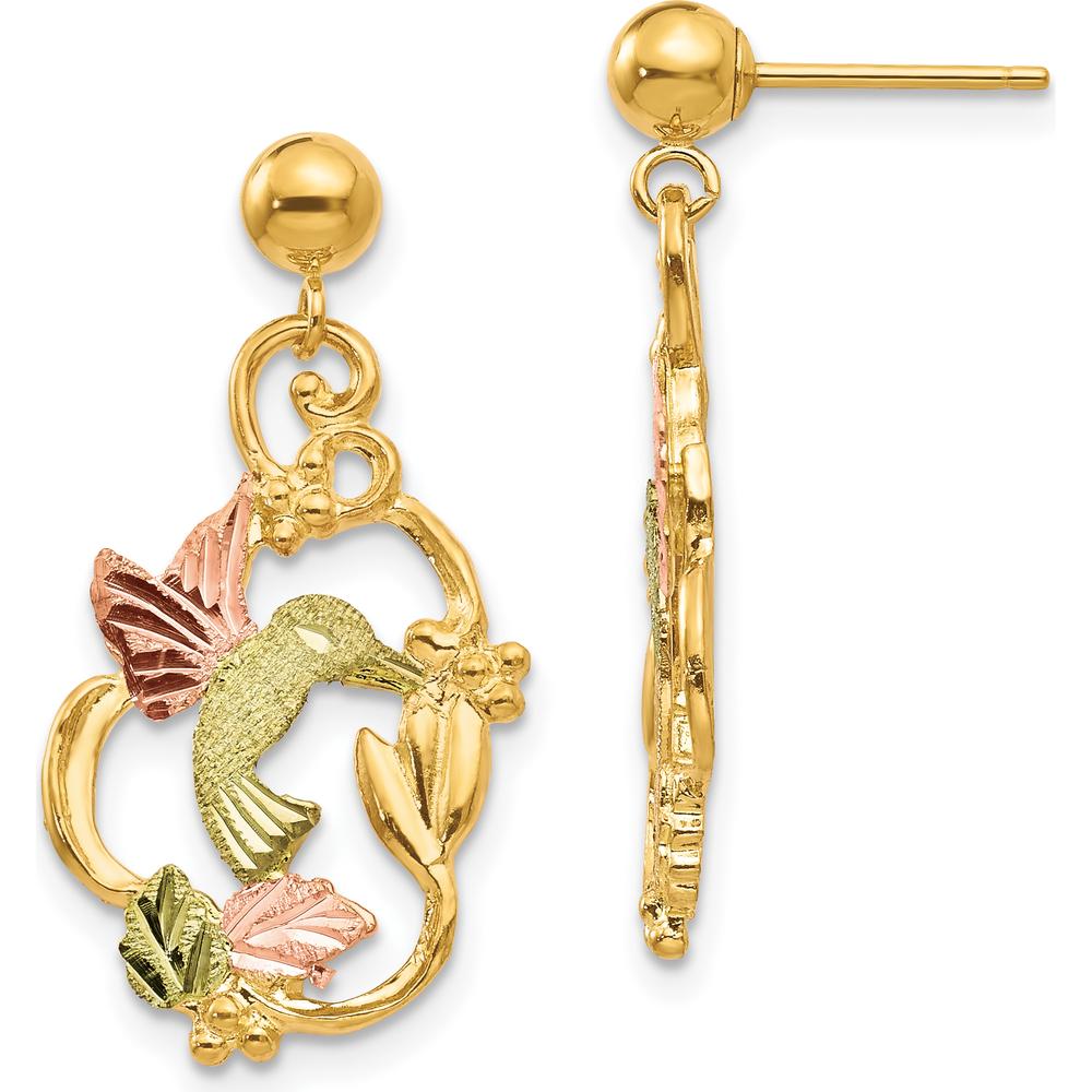 10K Tri-Color Gold Hummingbird Drop Earrings with Polished Finish