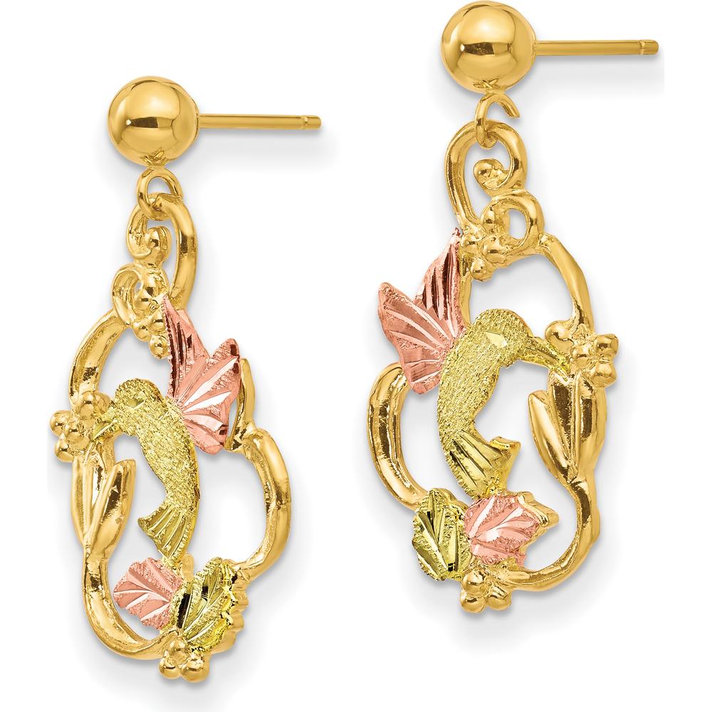 10K Tri-Color Gold Hummingbird Drop Earrings with Polished Finish