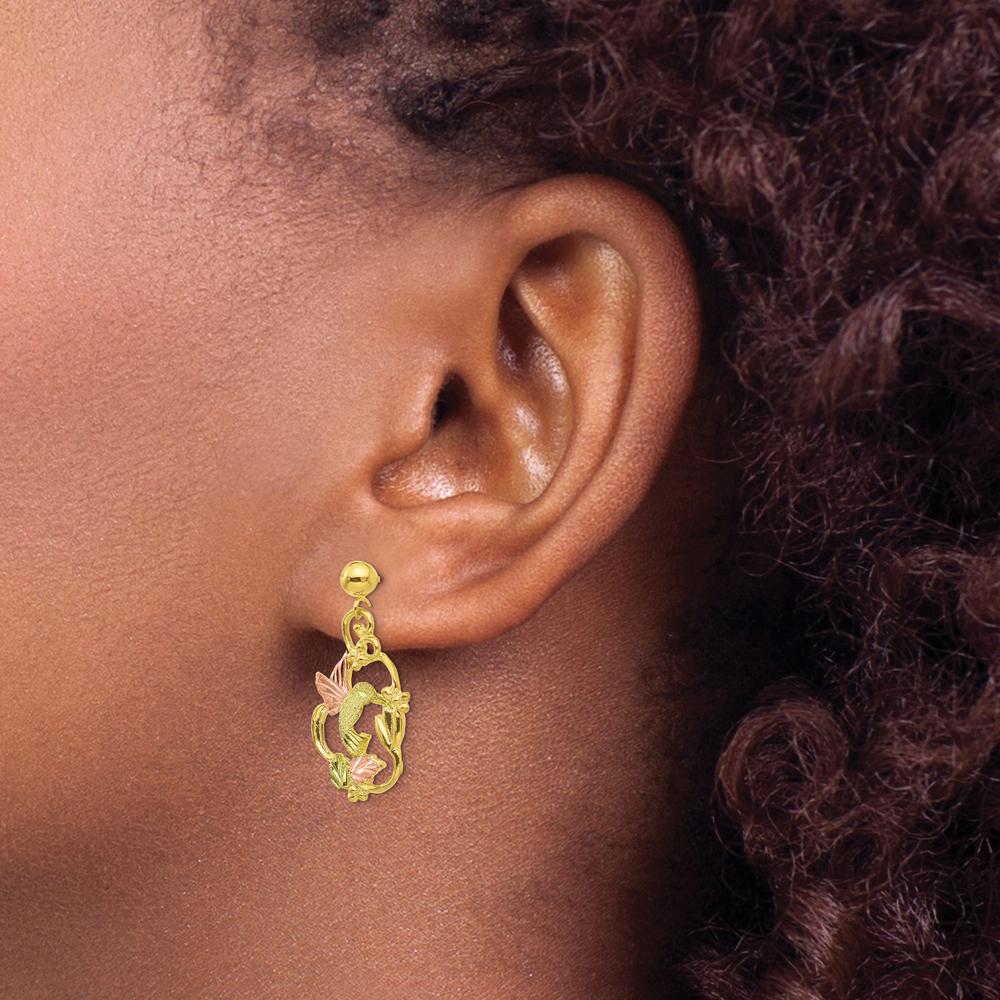 10K Tri-Color Gold Hummingbird Drop Earrings with Polished Finish
