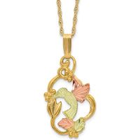 10K Tri-Color Gold Hummingbird Pendant Necklace with Floral Detailing