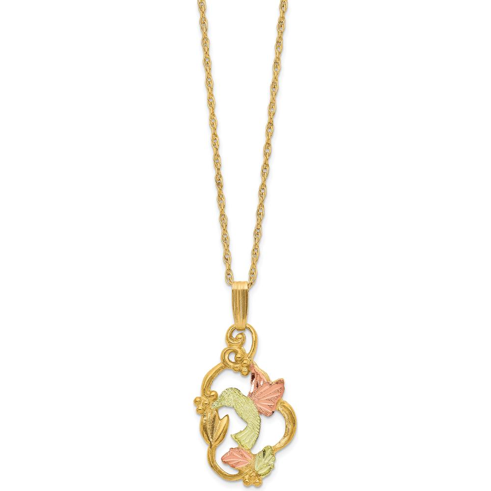 10K Tri-Color Gold Hummingbird Pendant Necklace with Floral Detailing