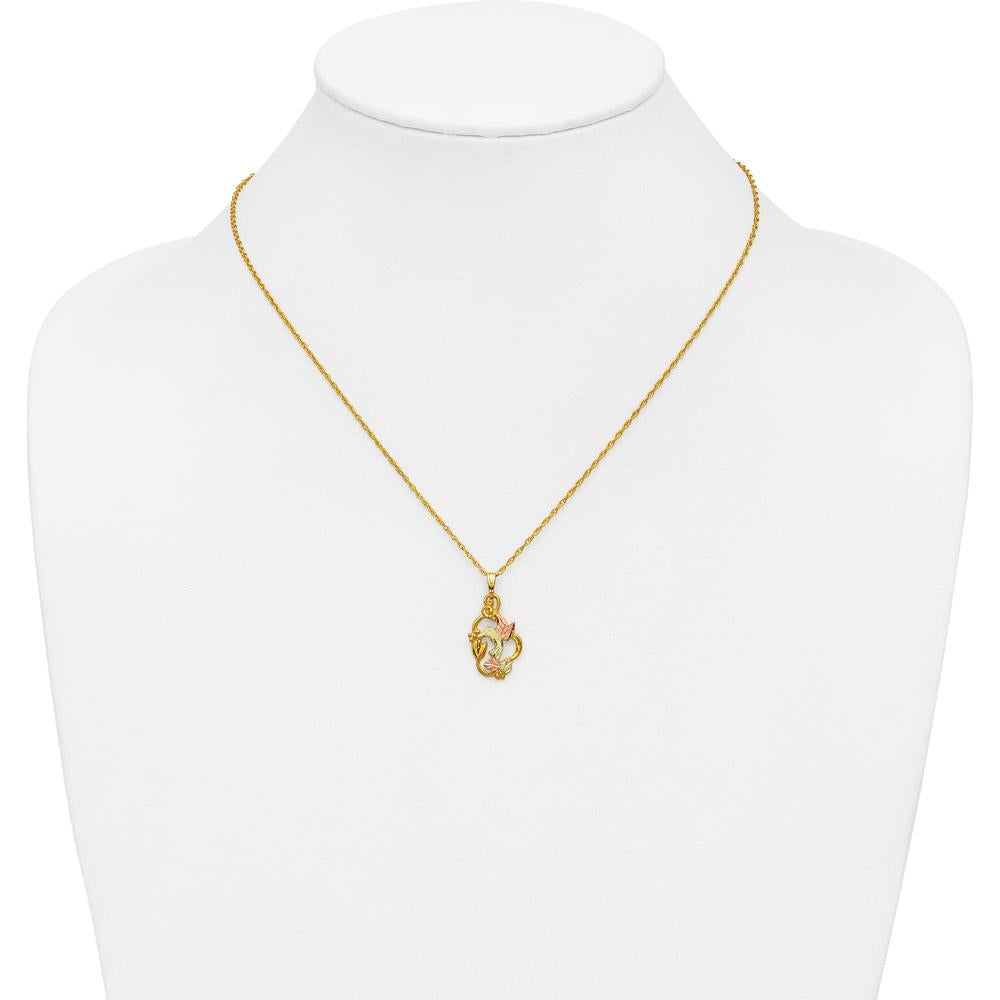 10K Tri-Color Gold Hummingbird Pendant Necklace with Floral Detailing