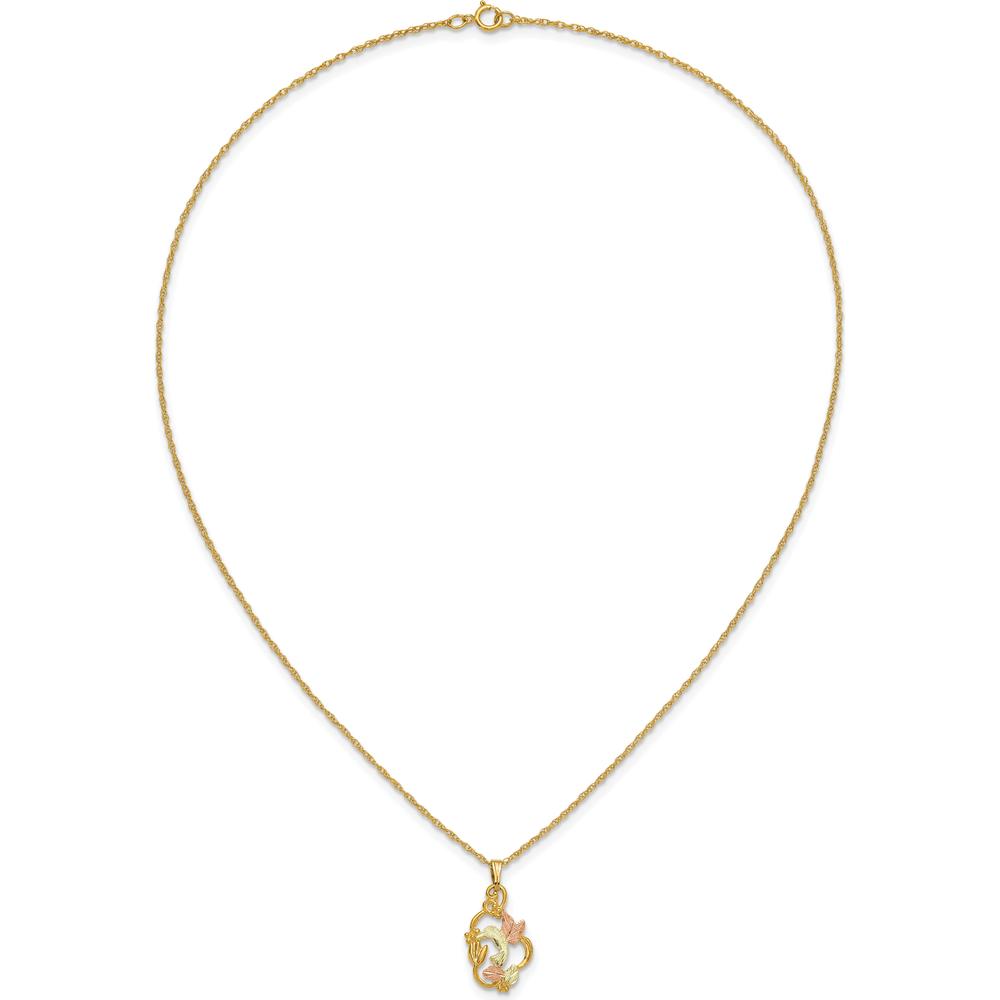 10K Tri-Color Gold Hummingbird Pendant Necklace with Floral Detailing