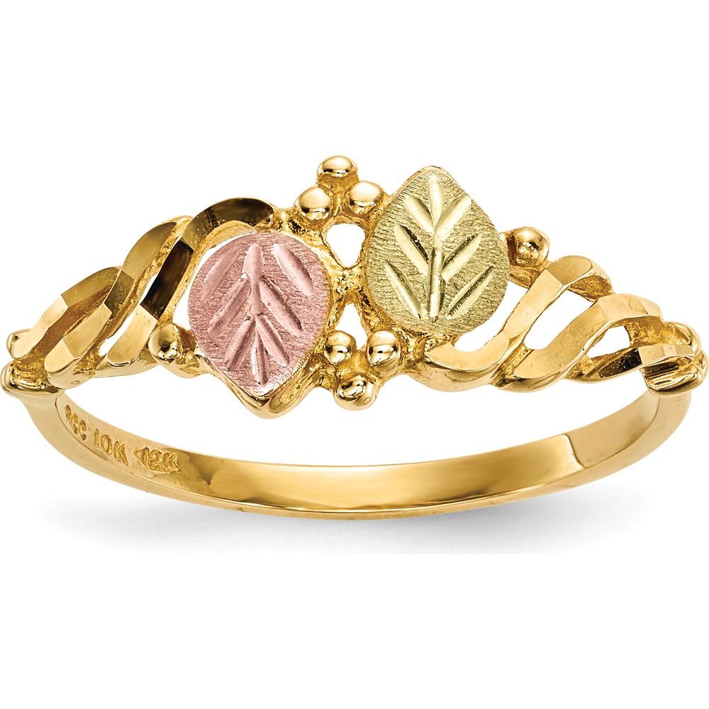 10K Tri-Color Gold Leaf Ring with Diamond-Cut Band