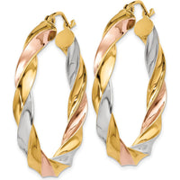 10K Tri-Color Gold Light Twisted Hoop Earrings - Polished Finish - 33mm Length