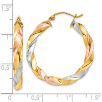 10K Tri-Color Gold Light Twisted Hoop Earrings - Polished Finish - 33mm Length