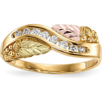 10K Tri-Color Gold Ring with 0.167 Carat Round Diamonds Channel Set in Yellow, Pink, and Green Gold