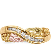 10K Tri-Color Gold Ring with 0.167 Carat Round Diamonds Channel Set in Yellow, Pink, and Green Gold