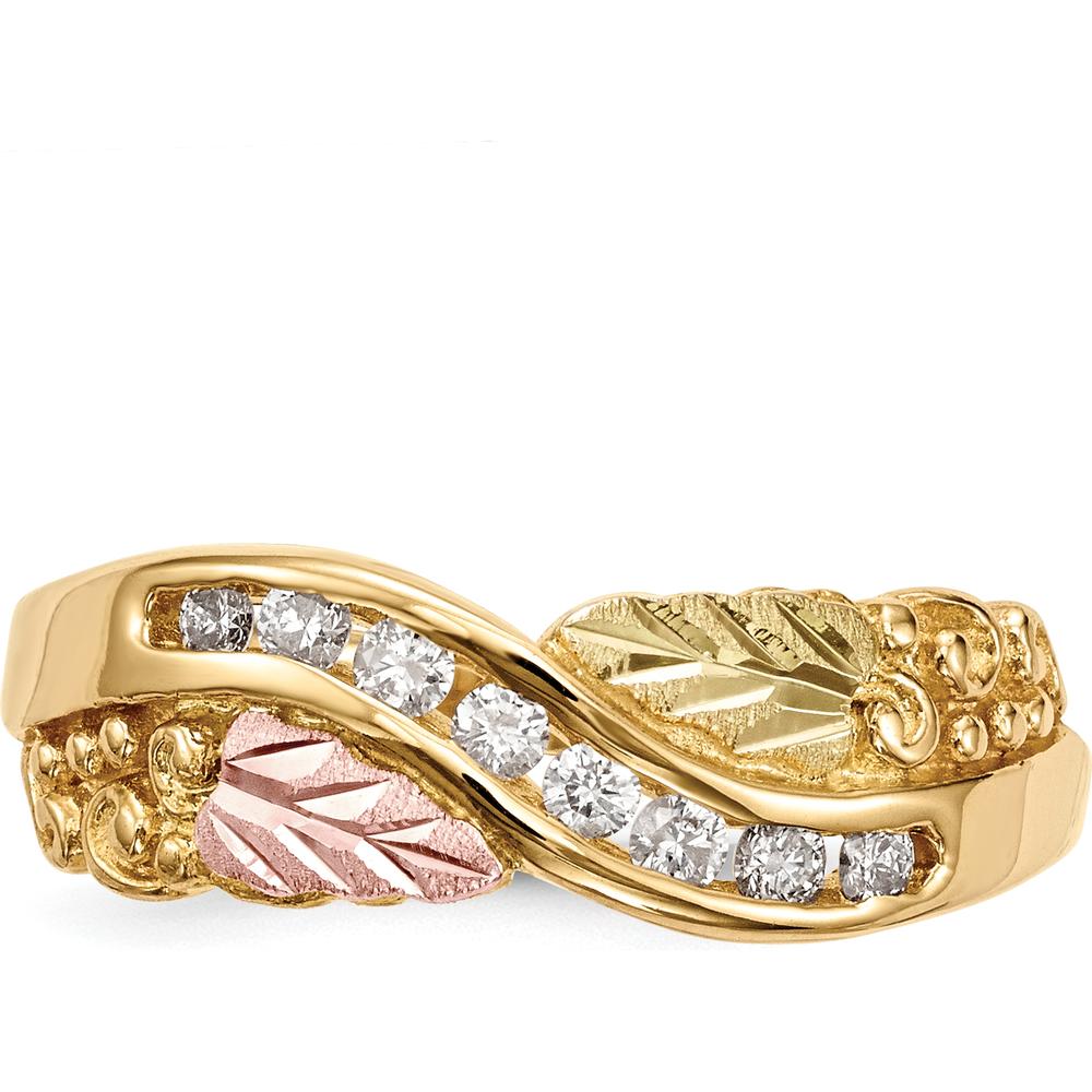 10K Tri-Color Gold Ring with 0.167 Carat Round Diamonds Channel Set in Yellow, Pink, and Green Gold
