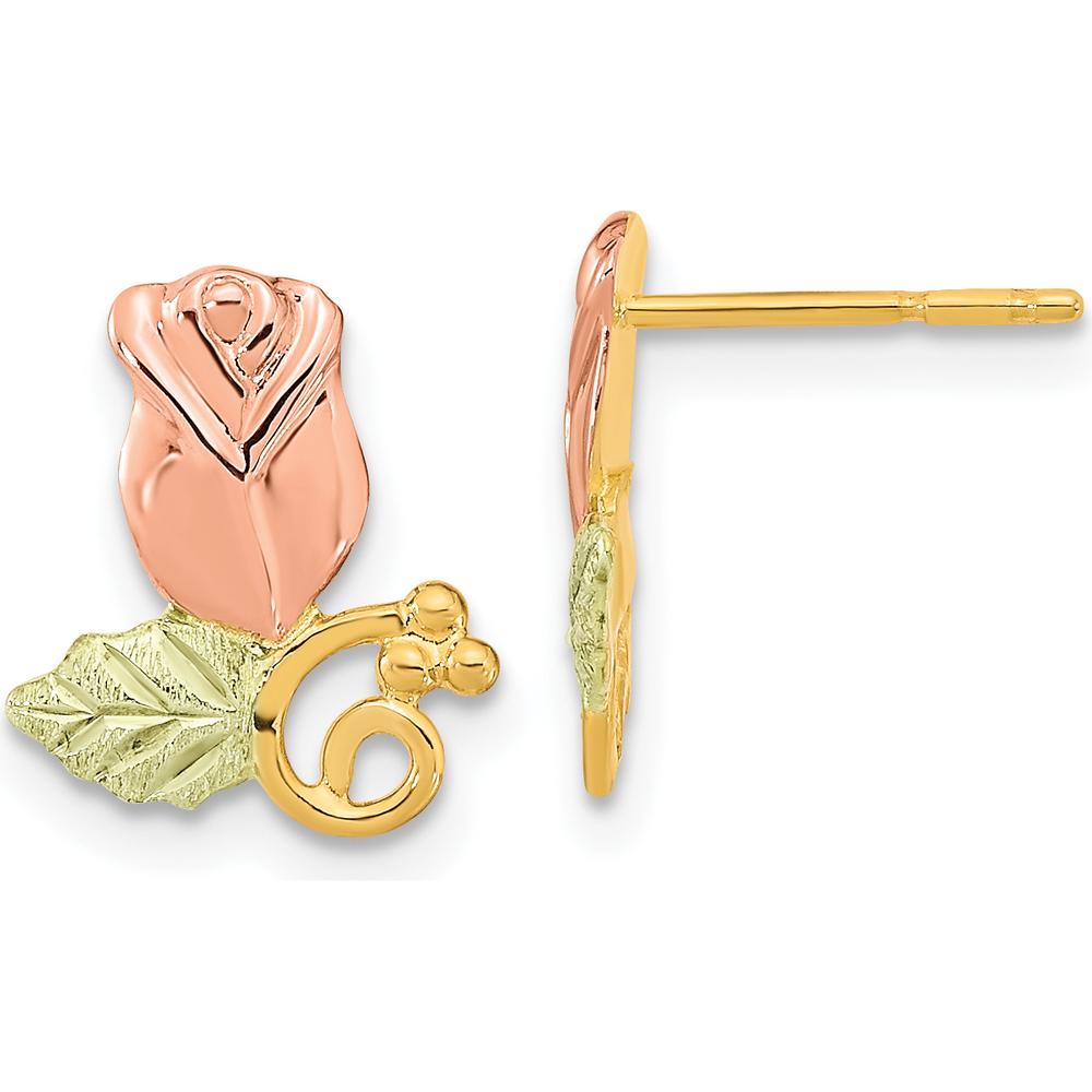 10K Tri-Color Gold Rose Button Earrings with Diamond-Cut Texture in Yellow, Rose, and Green Gold