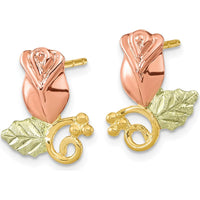 10K Tri-Color Gold Rose Button Earrings with Diamond-Cut Texture in Yellow, Rose, and Green Gold
