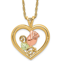 10K Tri-Color Gold Rose in Heart Pendant Necklace with Diamond-Cut Detail