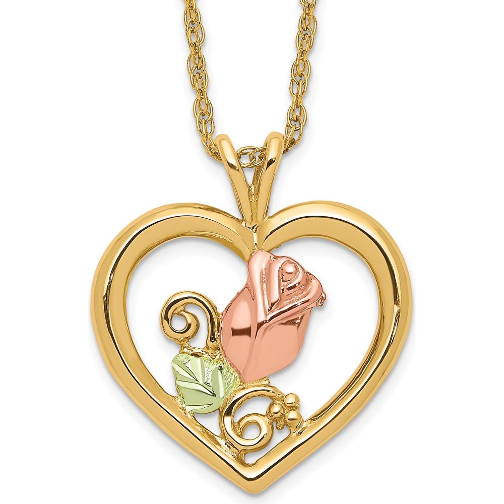 10K Tri-Color Gold Rose in Heart Pendant Necklace with Diamond-Cut Detail