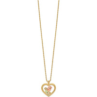 10K Tri-Color Gold Rose in Heart Pendant Necklace with Diamond-Cut Detail
