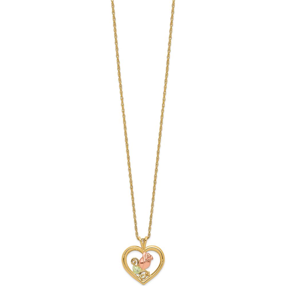 10K Tri-Color Gold Rose in Heart Pendant Necklace with Diamond-Cut Detail