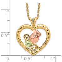 10K Tri-Color Gold Rose in Heart Pendant Necklace with Diamond-Cut Detail