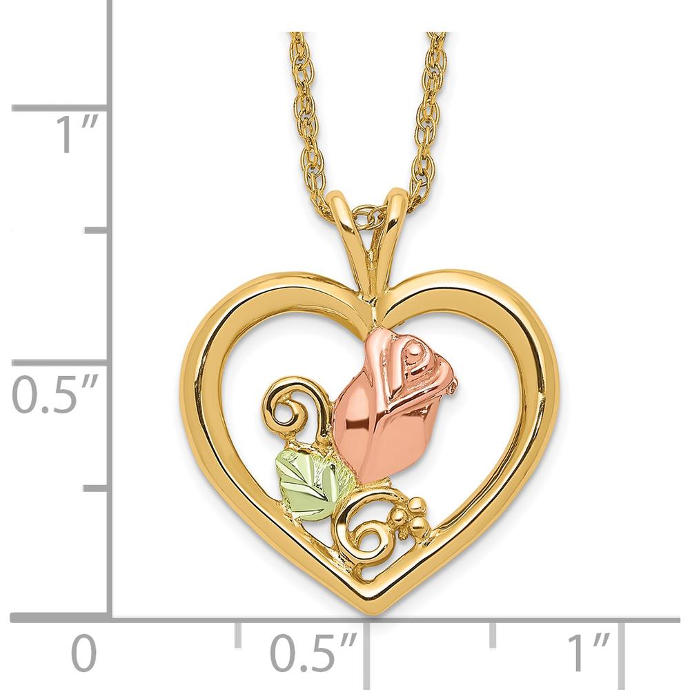 10K Tri-Color Gold Rose in Heart Pendant Necklace with Diamond-Cut Detail