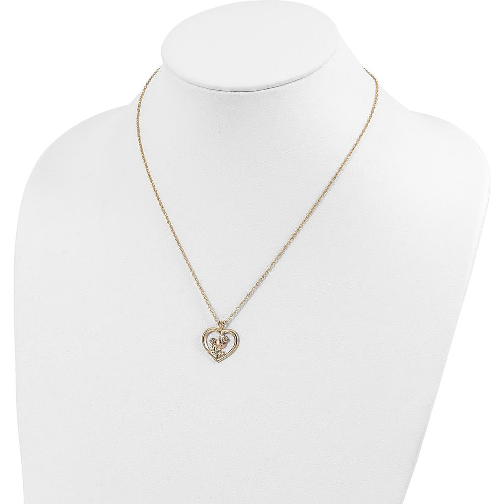 10K Tri-Color Gold Rose in Heart Pendant Necklace with Diamond-Cut Detail