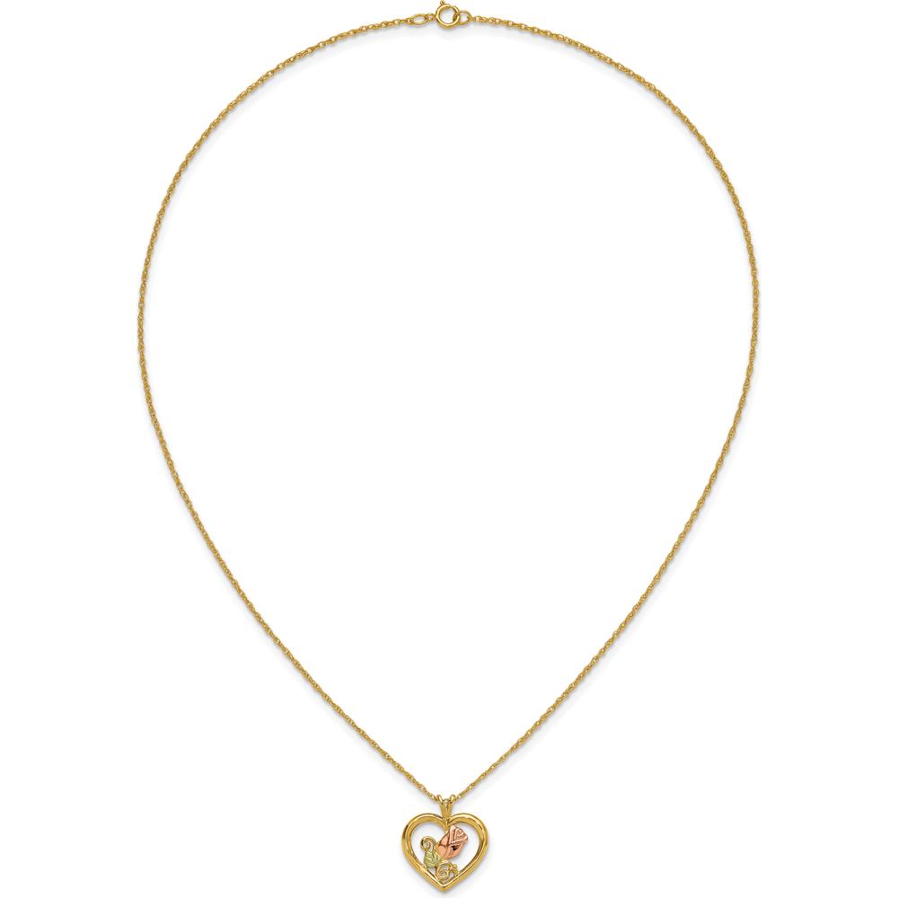 10K Tri-Color Gold Rose in Heart Pendant Necklace with Diamond-Cut Detail