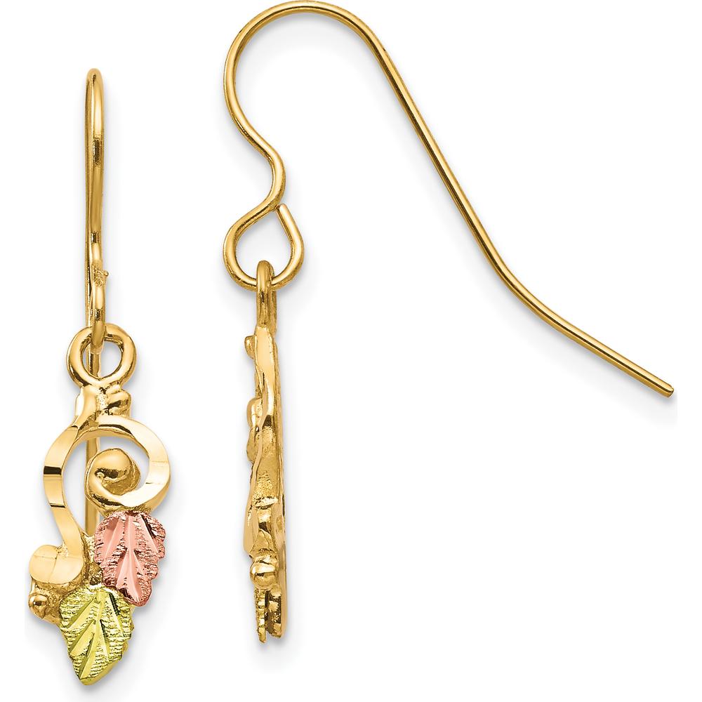 10K Tri-Color Gold Shepherd Hook Drop Earrings with Polished and Leaf Detailing - Solid Casted Gold Design