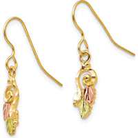 10K Tri-Color Gold Shepherd Hook Drop Earrings with Polished and Leaf Detailing - Solid Casted Gold Design
