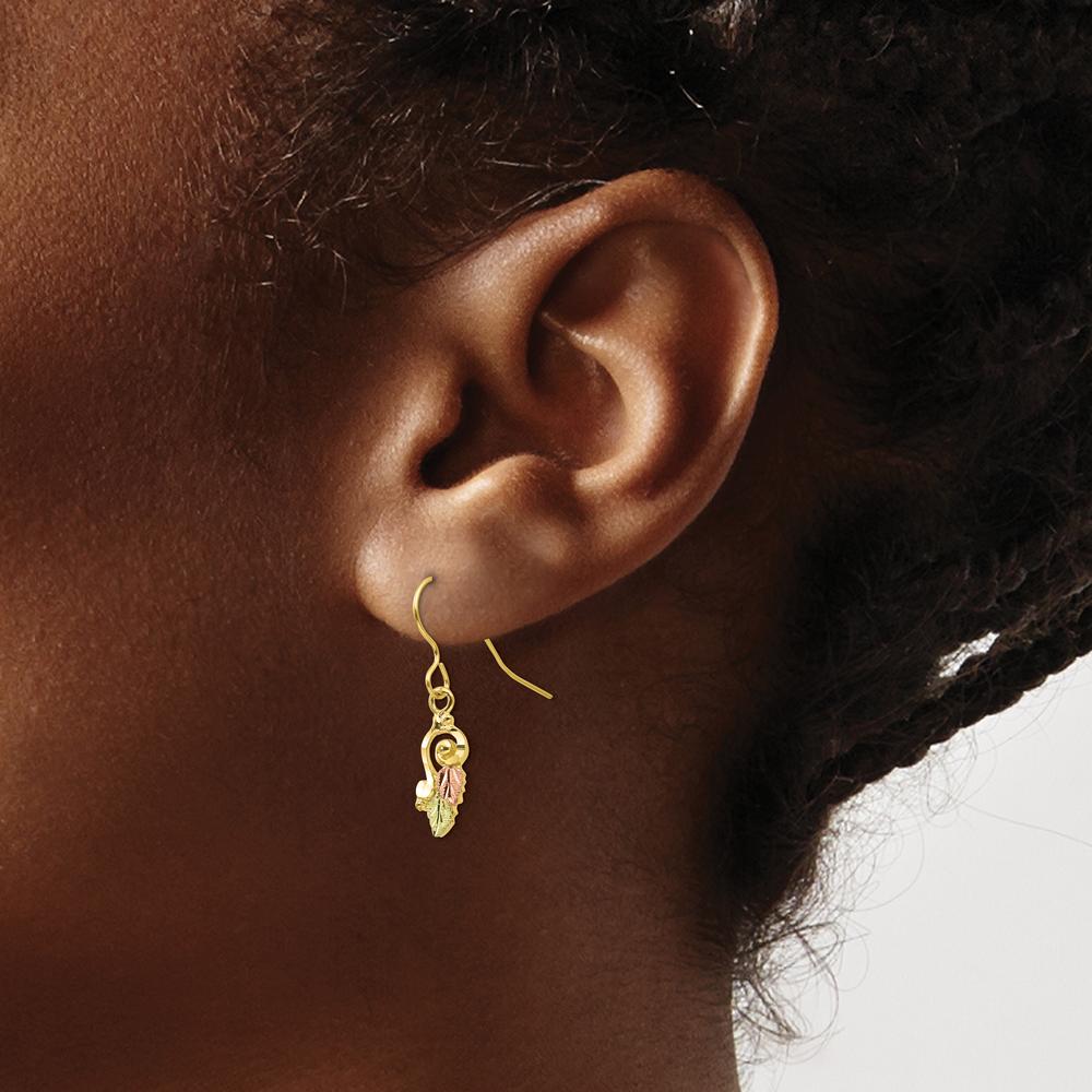 10K Tri-Color Gold Shepherd Hook Drop Earrings with Polished and Leaf Detailing - Solid Casted Gold Design